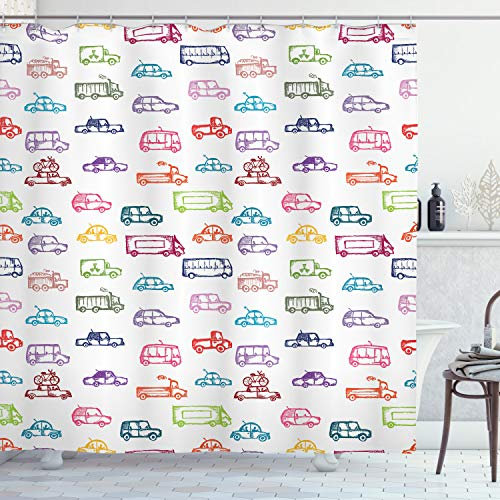ABAKUHAUS Cars Shower Curtain, Various Types of Vehicles Bus Truck Garbage Truck Sports Car Vibrant Colored Design, Cloth Fabric Bathroom Decor Set with Hooks, 78 Inches, Multicolor