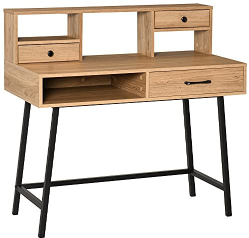 HOMCOM Bureau secrétaire Bureau Informatique dim. 105L x 55l x 100H cm 3 tiroirs + 3 niches piètement métal Noir Plateau Imitation Bois