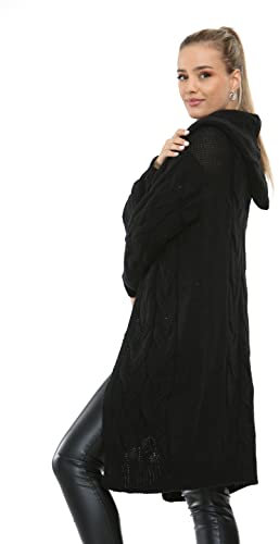 BESTITALIANUK Women Ladies Cardigan Cable Knitted Oversized Long Hooded Chunky Jumper Cape Top (UK, Numeric, 8, 16, Regular, Regular, Black)