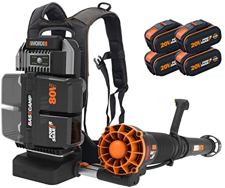 WORX 80V Backpack Blower WG572E Cordless Brushless AIR Turbine Blower Vacuum, Gas-like Power, 150 km/h, 800 m³/h, PowerShare, 4 * 4.0Ah Battery w/indicator, 1* Basecamp charger