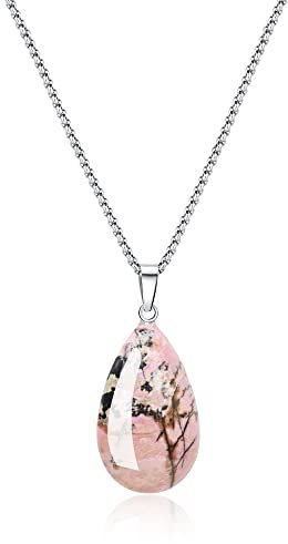 COAI Collier Acier Inoxydable Femme, Pendentif Goutte d'Eau pour Femmes, Pendentif Rhodonite Femme