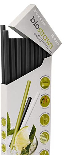 MAGU Lot de 20 pailles réutilisables en biopolymère noires | 25 cm | Lot de 20 pailles réutilisables en plastique bio