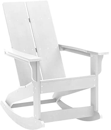 Flash Furniture Finn Adirondack Schaukelstuhl aus Polyresin und Holz, wetterfest, weißes Polystyrol, doppelte Lamellen-Rückenlehne, Edelstahlbeschläge