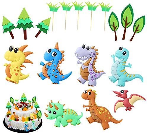 Dino Tortendeko Dinosaurierkuchen-Dekoration,7 verschiedene Dinosauriergeburtstagstorten Dekoration+11 Stücke grüner Pflanzenkuchendekoration,für Kinder Geburtstagsfeier Papet Cup Cake Dekoration