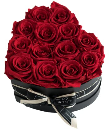 Infinity Flowerbox Large Herz - 13 echte Premiumrosen in Rot - 3 Jahre haltbar ohne gießen | In Geschenkverpackung mit Satinschleife