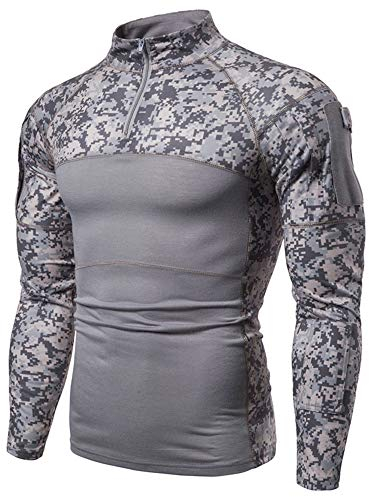 Camicia Tattica Maniche Lunghe Uomo a 1/4 Zip da Combattimento in Stile Militare Tasche Airsoft Top Abbigliamento Esterno per Caccia Campeggio Escursionismo Grigio Mimetico L
