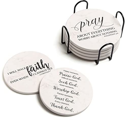 Hoomey Coasters for Drinks with Bible Verses, Set of 6 Absorbent Drinks Coasters with Holder Ceramic Drink Coaster with Cork Backing for Table Protection, Christian Coasters, Christian Gifts