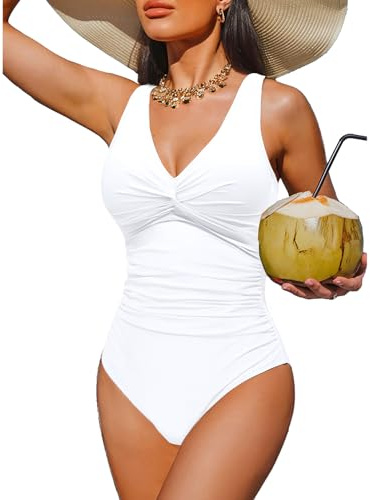 Holipick White Women Tummy Control One Piece Swimsuit - Push Up Bathing Suit Full Coverage Slimming Swimwear XL