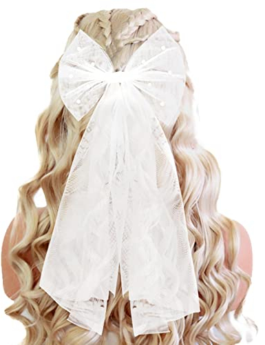 AWAVM Schleier Braut Haarschleife Schleier Weiße Perlen Brautschleier Hochzeit Brautschleier Brautjungfern Wie Bräute Werden Bachelorette Party Dekorationen Weiße Schmetterling Haarspangen Damen