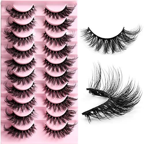 Faux Cils 10 Paires 8D Faux Vison D Curl Cils Naturel Cat Eye Lashes Duveteux Doux Volume Fox Eye Lashes Professionnels épais Réutilisables Dramatiques Noir Faux Cils (HLY01)