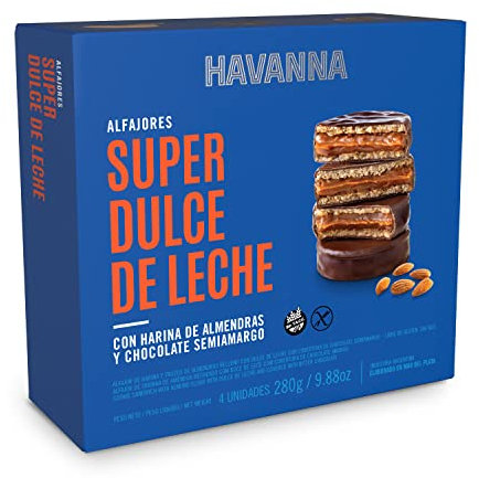 Havanna Alfajores Argentinos | Chocolate Semiamargo con Harina de Almendra | Galletas sin Gluten Rellenas de Dulce de Leche | Alfajores Tradicionales Gourmet | Caja 4 Unidades | 280g