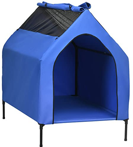 PawHut Caseta para Perros 130x85x121 cm Cama Elevada para Mascotas con Cubierta Desmontable y Ventanas de Malla para Perros Grandes y Extra Grandes Azul