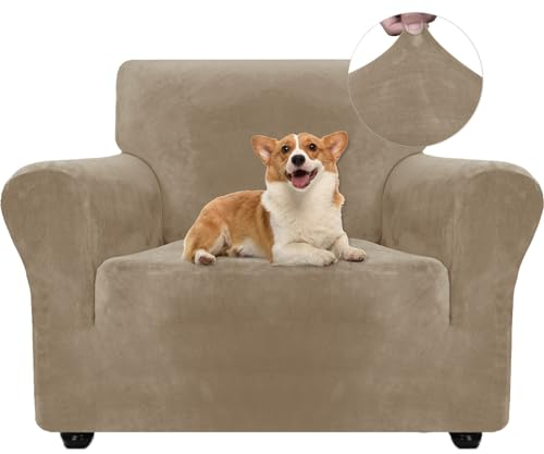 Ystyle Samt Sofabezug 1 Sitzer, Stretch Sofa Überzug, Sofaschoner rutschfest, Elastischer Couch Überzug, Sofa Cover Mit Armlehnen, Sesselschoner Sofaschutz Katze Sesselbezug, Kamel