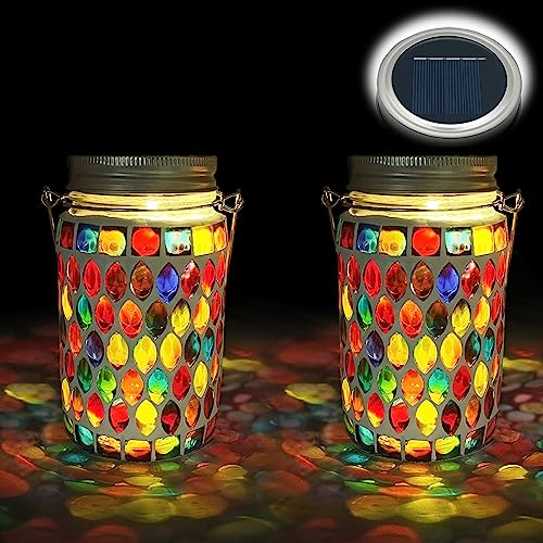 TOTHDATE 2PCS Solar Mosaik Leuchte für Außen, On/Off Glas Mosaik Hängend Licht Solarlaterne Tischleuchte IP65 Wasserdicht für Rasen Pfad Hof Deck Boden Teich, Rot Mosaik Licht