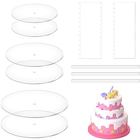 11Pcs Tortenplatte Set, Cake Board, Acryl Cake Board, Kuchenplatte Transparent, Kuchenbasis Runde Kuchenplatten aus Acryl, 6 Stück Kuchenscheiben Kreis Bodenplatten Tortenständer mit Mittelloch