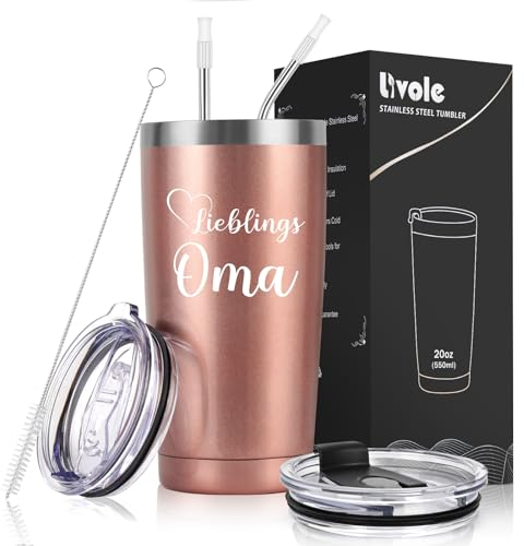 Livole Oma Weihnachtsgeschenke, Geschenkideen, Besondere Geschenk für Oma, Großmutter, Großeltern Geschenke Weihnachten - Lieblings Oma - 600ml Isolierter Kaffeebecher, 20oz Thermobecher Kaffee to go
