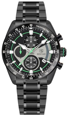 Herren Uhr Uhren BENYAR Quarz-Chronographenwerk 42MM Zifferblatt Analoguhr Aus Edelstahl Wasserdicht Uhr Geschenk für Männer BY-5201M (dunkelgrün)