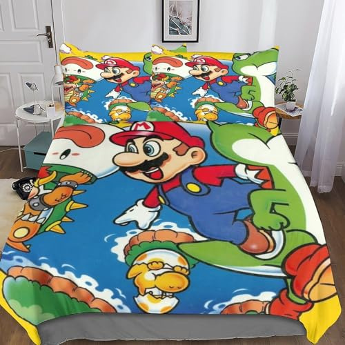 Super Mario Bettwäsche Set Kinder Mikrofaser Bettbezüge 3D Gedruckt Zeichentrickfilme Bettbezug 3 Teilig Mit ReißVerschluss,Soft Bettwaren King(220x240cm)