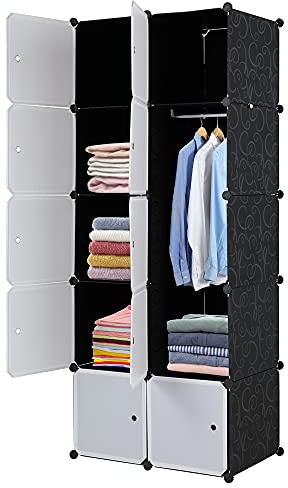 TactFire Kleiderschrank aus Kunststoff, 10 Würfel, Modulare Kleiderschränke für Platzsparendes, Kinderkleiderschrank, Garderobenschrank, Aufbewahrung von Kleidung, Schuhen, 70 x 45 x 175 cm, Weiße Tür