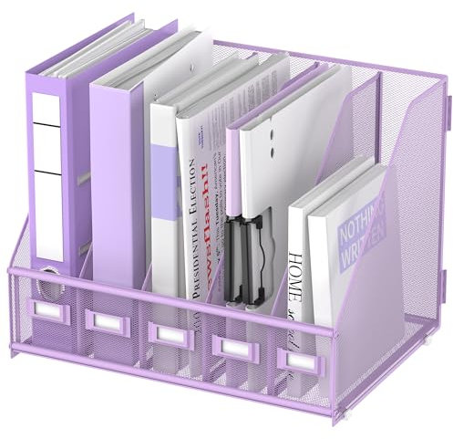 SUPEASY Schreibtisch-Organizer aus Metall, Zeitschriftenhalter mit 5 vertikalen Fächern, Organizer für Büro, Schreibtisch, Heimarbeitsplatz, Lila Plus