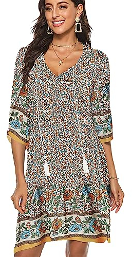 BDTECAOR Damen Bohemian Krawatte Vintage Printed Ethnic Style Sommer Shift Kleid Aprikose XXL