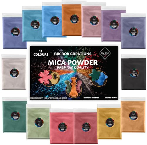 Mica Powder by Bik Bok Creations - 15 Mica Powder Colours Lightfast Intense and Inter-mixable, Perfect for Resin Projects, Soap and Candle Making