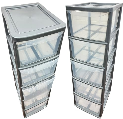 Silver 5 Storage Drawers Plastic Large Tall Tower Unit for Home, School, Office, Bedroom & Living Room With Clear Drawers (1)