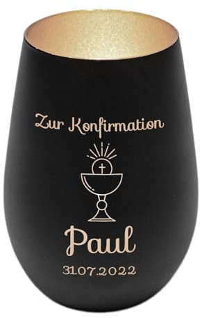 Windlicht mit Gravur zur Konfirmation | Schwarz/Silber | Motiv Kelch | Geschenk zur Konfirmation Junge Mädchen | Tischdeko und Konfirmationsgeschenk personalisiert | Teelichtglas