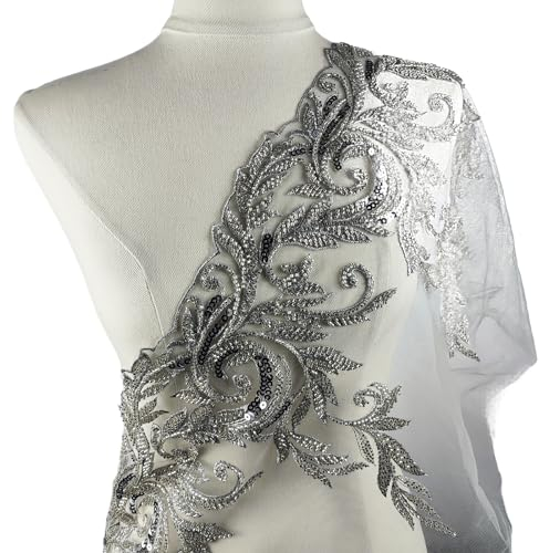 YOOGCORETT 3D-Spitzenapplikation zum Aufnähen, Pailletten-Perlenstoff, bestickter Rand für Hochzeitskleid, Dekoration, DIY, Nähen, Kleidung, Applikation – Breite 33,8 cm, 91 cm