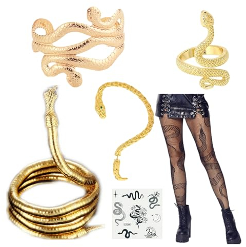 JinYu Gold Schlange Schmuck Set Schlange Ring Einstellbare Schlange Choker Gold Schlange Armband Schlange Temporäre Tattoos Schwarze Netzstrumpfhosen Strümpfe mit Schlangenmuster