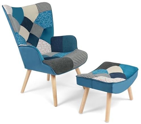 IDMarket - Fauteuil scandinave Ivar avec Repose Pieds en Tissu Patchwork et Velours Bleu