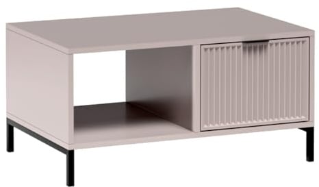Lomadox Couchtisch in Kaschmir beige mit Rillenoptik Wohnzimmertisch eckig 90 cm mit Schublade modern Stauraum Beistelltisch