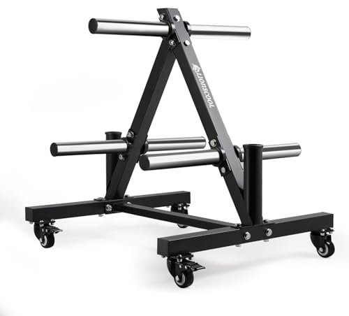 LIONSCOOL 2-Inch Olympic Weight Plate Tree and 2 Barbell Holders, Bumper Plate Storage Rack with Wheels, 650LBS Weight Capacity