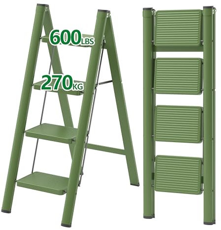 YOUTHCLUB Robusta Escalera de 4 peldaños, Capacidad para 270 kg, Taburete Plegable para Adultos, Peldaños de y Ahorradores de Espacio, Multifuncional para la Oficina en Casa - Verde Musgo Oscuro