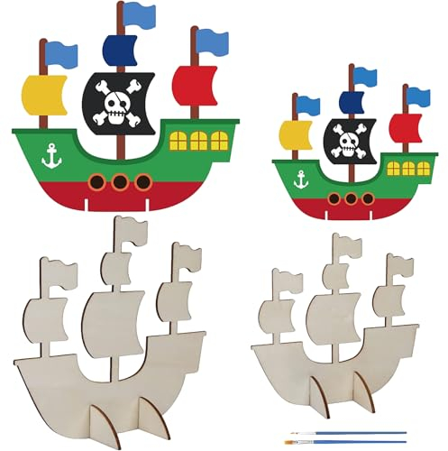 Piraten Deko Kindergeburtstag,Piraten Deko,8 Stück Kinder Segelschiff Zum Bemalen,Holz Piratenschiff Bastelset,Pirat Spielzeug Holzboot Piraten-Diy,Piratenspiel Pirates Basteln,Piratendeko 2 Pinsel