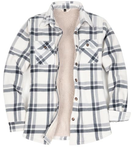 Lisskolo Veste chemise doublée en polaire avec poches pour les mains, veste en flanelle sherpa boutonnée à carreaux pour femme, beige, Small