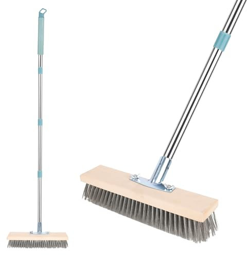XTDMJ Heavy Duty Telescopic Wire Broom, Stiff Steel Bristle Brush Head, 51in Handle, Removes Weed, Moss, Algae