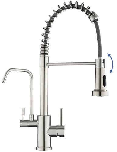ROVOGO 3 Wege Wasserhahn Küche mit Filter, Küchenarmatur Hochdruck mit Herausziehbare Dual-Spülbrause, 360° Schwenkbar Spültischarmatur Doppelhebel, Gebürstet Edelstahl Mischbatterie Einlochmontage
