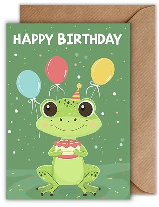 Geburtstag Karte mit Umschlag - Geburtstagskarte “Happy Birthday” Frosch mit Torte und Luftballons Konfetti Cartoon Glückwunschkarte Geschenkkarte zum Geburtstag (DIN A6)