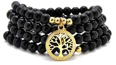 oasymala Accessori per la meditazione, 108 perle Mala, ciondolo albero della vita in oro, bracciale o collana di perle yoga per uomo o donna