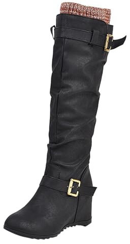 Botas altas de mujer con suela plana Moda Refuerzo Interior Botas de caña larga Otoño e Invierno con Hebilla de Cinturón Casual Británico Cuña Botas de Cuero Media Alta, Negro , 43 EU
