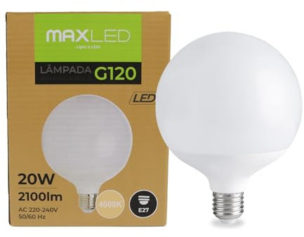 Maxled, Light is Led! Globe LED Lampe E27 G120, 20W GlühbirneErsetzt Ersetzt 160 Watt Halogenlampe 4000K Neutralweiß Kugel Lampen 2100lm Nicht Dimmbar 180° Abstrahlwinkel AC230V Ø120 x 158mm