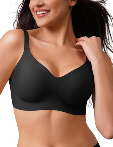 CLOSEMATE Bras for Women V Neck Comfort T-Shirt Bralette for Women Wireless No Underwire with Extra Bra Extender 32 34 36 38 40 42(Black, Size 3X-Large)