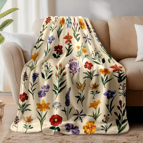 WADORN Cuddly Blanket with Wild Flowers Print Vintage Throw Blanket Made of Flannel Plush with Wildflower Motif Soft Colourful Wild Flowers Plant Blanket Gifts for Bed Chair Couch Home Office Car