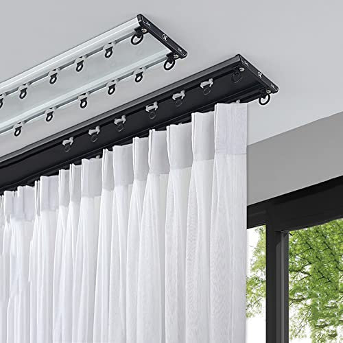 Double rail de rideau ultra fin en aluminium luxueux pour rideaux, séparateur de pièce, salon, lit superposé, douche, hauteur 8 mm, couleur noir, taille 150 cm