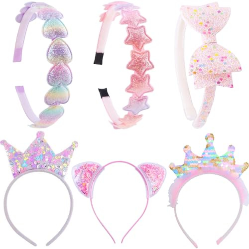 PUSABAOWO 6 Pieces Sequin Headbands for Kids with Bow and Heart Star Crown Accessories for Girls and Teens