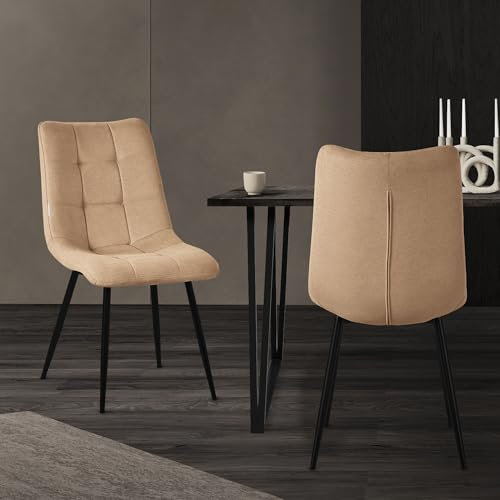ML-Design Juego de 2 Sillas de Comedor Marrón Claro Asiento Acolchado para Cocina o Salón con Funda de Tela y Patas de Acero Negro Sillón Tapizado Suave con Respaldo para Oficina o Sala de Estar