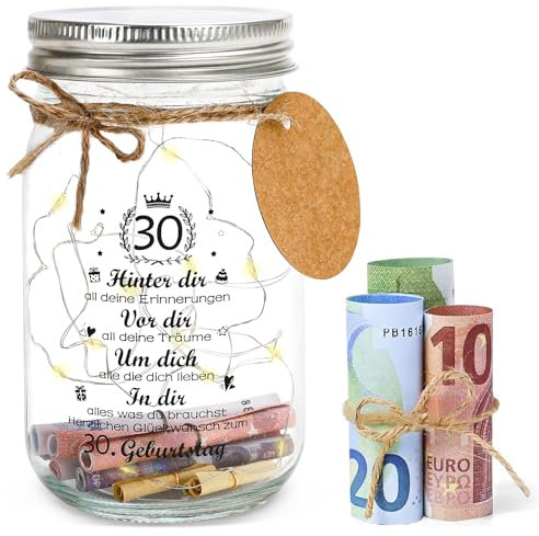 Geburtstagsgeschenk Geld Leuchtflasche für Geldgeschenke, Personalisiert LED Flaschenlicht Geschenk Dekoflasche für Freundin Frauen Mädchen Junge (30th)