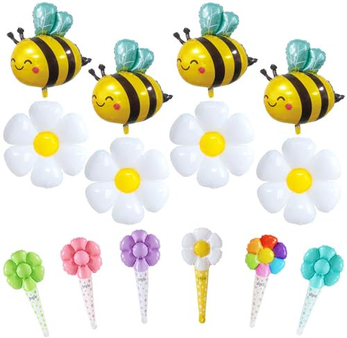 GENHH 14 Stück Bienen Deko Gänseblümchen Deko Luftballon, Gänseblümchen Ballons Geburtstag Deko, Mädchen Folienballon Blume mit Bienen Luftballons Baby Shower Hochzeit Babyparty Dekoration