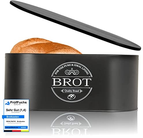 IDEALTASTIC® Premium 2-in-1 Brotkasten schwarz mit effizientem Schneidebrett-Deckel I Länger frischhaltende Brotbox mit speziell entwickelter Luftzirkulation I Lebensmittelechte Brotaufbewahrung